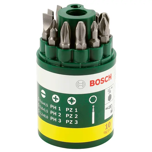 Комплект битове Bosch PH/PZ/SB с магнитен държач  1/4", 10 бр.