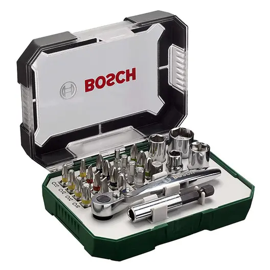 Гедоре комплект Bosch вложки с тресчотка и накрайници  26 бр., 3-6 мм х 1/4"