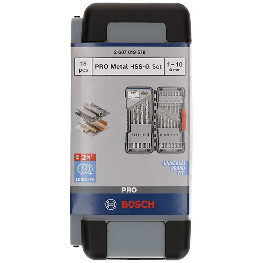 Свредло за метал HSS-G Bosch с цилиндрична опашка комплект 1-10 мм, 18 бр., PRO Metal HSS-G