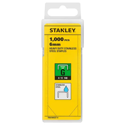 Скоби за такери Stanley  тип G11, 10.6x1.25x6 мм, неръждаема стомана, 1000 бр., TRA704SST-0