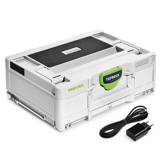 Пластмасов куфар Festool за инструменти с високоговорител с вградена батерия и зарядно, 396x296x137 мм, бял, Toprock SYS3 BT20 M 137 USB-C