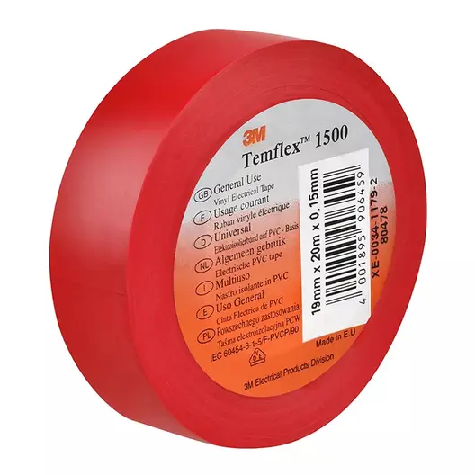 Лента 3M електроизолационна  19 мм, 20 м, червена, PVC, Temflex 1500