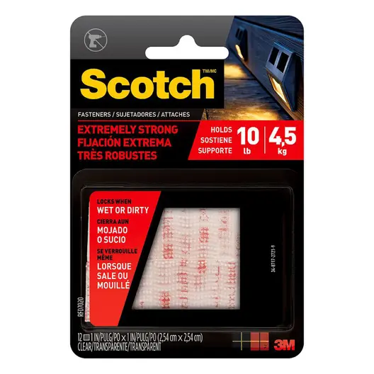 Велкро лента Scotch монтажна  25.4 мм, 0.08 м, прозрачна, Extreme