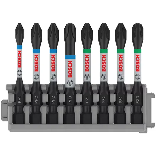 Комплект битове Bosch PH/PZ  PH 1/2/3, PZ 1/2/3, 1/4", 55 мм, 8 бр., PRO Impact