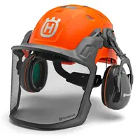 Каска Husqvarna противоударна с антифони и метална защитна мрежа оранжева, Technical