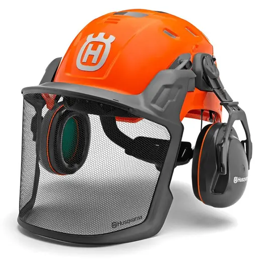 Каска Husqvarna противоударна с антифони и метална защитна мрежа оранжева, Technical