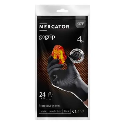 Ръкавици MERCATOR нитрилни за еднократна употреба размер XL, 240 мм, черни, 4 бр., 3D диамантена текстура, без пудра, GOGRIP Black A'4