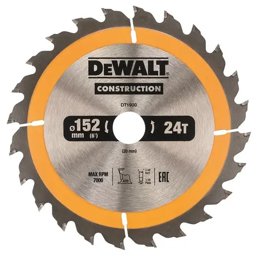 Диск циркулярен за рязане DeWALT на дърво грубо с HM пластини  152 мм, 20 мм, 1.5 мм, 24 z, Construction