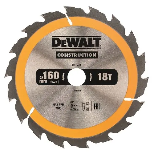 Диск циркулярен за рязане DeWALT на дърво грубо с HM пластини  160 мм, 20 мм, 1.5 мм, 18 z, Construction