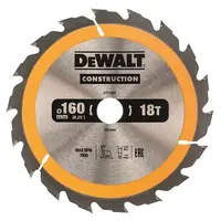 Диск циркулярен за рязане DeWALT на дърво грубо с HM пластини  160 мм, 20 мм, 1.5 мм, 18 z, Construction
