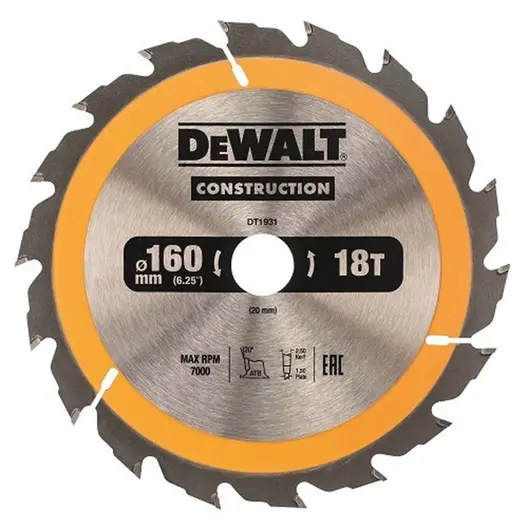 Диск циркулярен за рязане DeWALT на дърво фино напречно с HM пластини  160 мм, 20 мм, 1.5 мм, 30 z, Construction