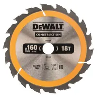 Диск циркулярен за рязане DeWALT на дърво фино напречно с HM пластини  160 мм, 20 мм, 1.5 мм, 30 z, Construction