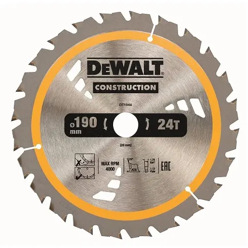 Диск циркулярен за рязане DeWALT на дърво грубо с HM пластини  190 мм, 30 мм, 1.2 мм, 24 z, Construction