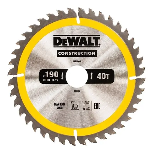 Диск циркулярен за рязане DeWALT на дърво фино напречно с HM пластини  190 мм, 30 мм, 1.7 мм, 40 z, Construction