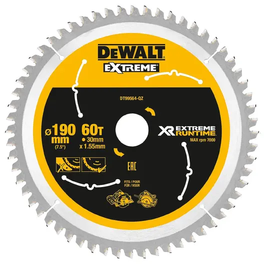Диск циркулярен за рязане DeWALT на дърво фино напречно с HM пластини  190 мм, 30 мм, 60 z, Extreme