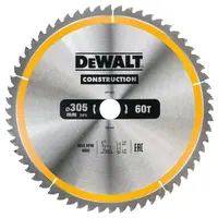 Диск циркулярен за рязане DeWALT на дърво фино напречно с HM пластини  305 мм, 30 мм, 2 мм, 60 z, Construction