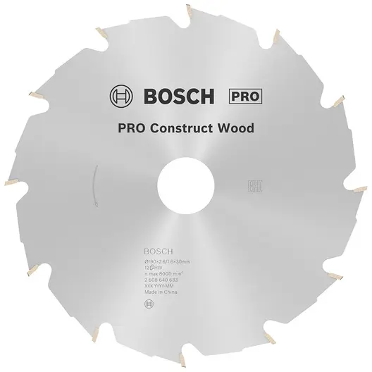 Диск циркулярен за рязане Bosch на дърво грубо с HM пластини  190 мм, 30 мм, 1.6 мм, 12 z, PRO Construct Wood
