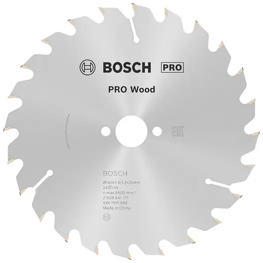 Диск циркулярен за рязане Bosch на дърво напречно надлъжно с HM пластини  160 мм, 20 мм, 1.2 мм, 24 z, PRO Wood