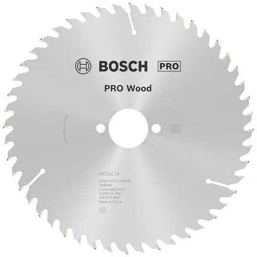Диск циркулярен за рязане Bosch на дърво фино напречно надлъжно с HM пластини  190 мм, 30 мм, 1.3 мм, 48 z, PRO Wood