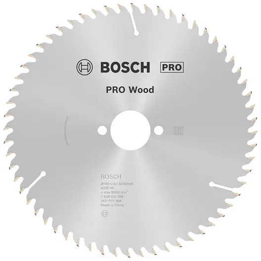 Диск циркулярен за рязане Bosch на дърво фино напречно надлъжно с HM пластини  190 мм, 30 мм, 1.6 мм, 60 z, PRO Wood