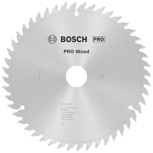 Диск циркулярен за рязане Bosch на дърво фино напречно надлъжно с HM пластини  210 мм, 30 мм, 1.4 мм, 48 z, PRO Wood