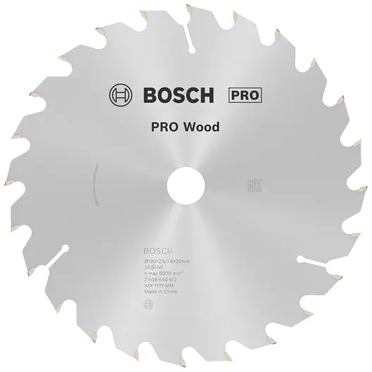 Диск циркулярен за рязане Bosch на дърво напречно надлъжно с HM пластини  190 мм, 20 мм, 1.6 мм, 24 z, PRO Wood