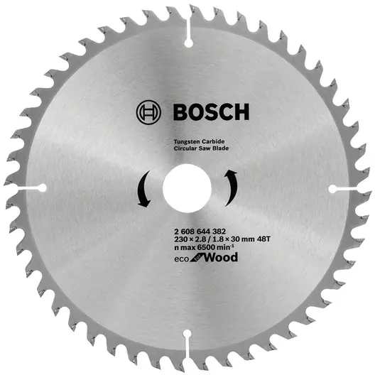 Диск циркулярен за рязане Bosch на дърво грубо напречно с HM пластини  230 мм, 30 мм, 1.8 мм, 48 z, Eco for Wood