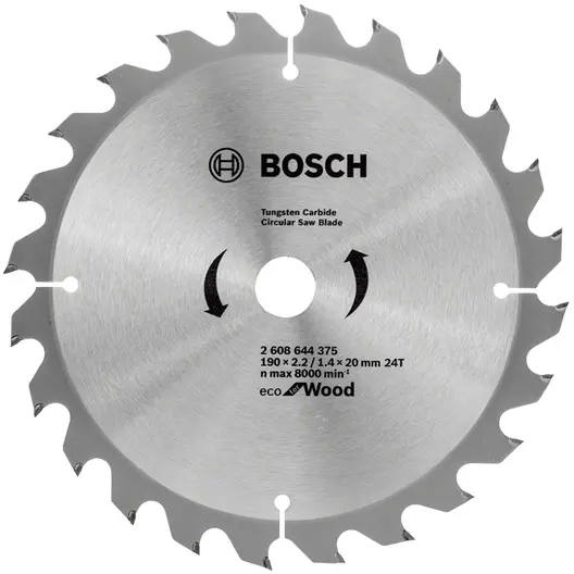 Диск циркулярен за рязане Bosch на дърво напречно надлъжно с HM пластини  190 мм, 20 мм, 1.4 мм, 24 z, Eco for Wood