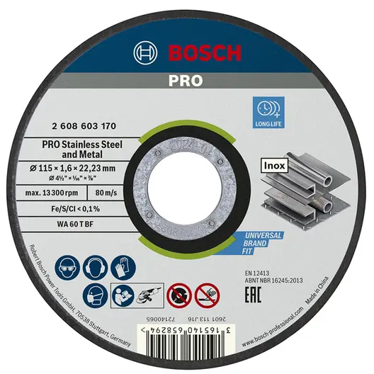 Диск карбофлексен за рязане Bosch на неръждаема стомана  115 мм, 1.6 мм, 22.23 мм, PRO Stainless Steel and Metal