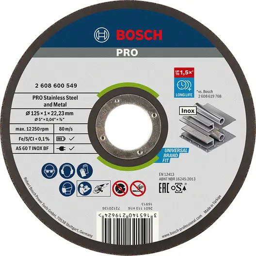 Диск карбофлексен за рязане Bosch на неръждаема стомана  125 мм, 1 мм, 22.23 мм, PRO Stainless Steel and Metal