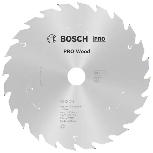 Диск карбиден за рязане Bosch на дърво  165 мм, 20 мм, 1 мм, 24 z, PRO Wood cordless