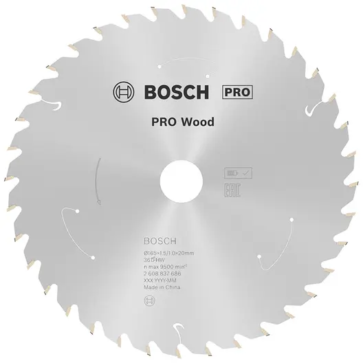 Диск карбиден за рязане Bosch на дърво  165 мм, 20 мм, 1 мм, 36 z, PRO Wood cordless