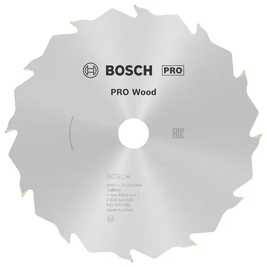 Диск циркулярен за рязане Bosch на дърво напречно надлъжно с HM пластини  165 мм, 20 мм, 1.2 мм, 12 z, PRO Wood