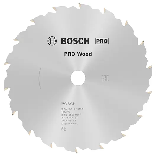 Диск циркулярен за рязане Bosch на дърво напречно надлъжно с HM пластини  160 мм, 16 мм, 1.6 мм, 18 z, PRO Wood