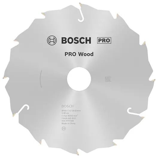 Диск циркулярен за рязане Bosch на дърво напречно надлъжно с HM пластини  190 мм, 30 мм, 1.8 мм, 12 z, PRO Wood