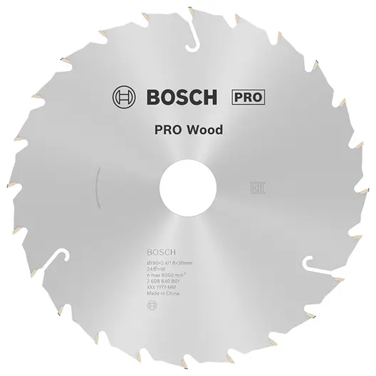 Диск циркулярен за рязане Bosch на дърво напречно надлъжно с HM пластини  190 мм, 30 мм, 1.8 мм, 24 z, PRO Wood