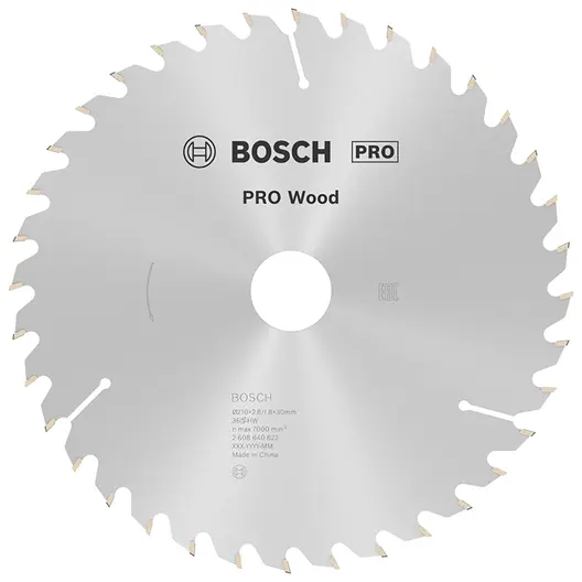 Диск циркулярен за рязане Bosch на дърво напречно надлъжно с HM пластини  210 мм, 30 мм, 1.8 мм, 36 z, PRO Wood