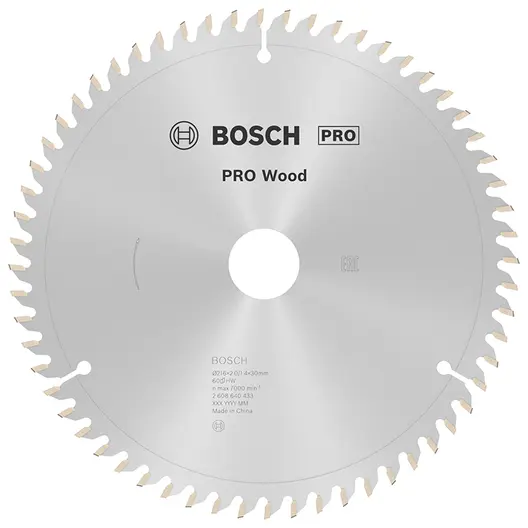 Диск циркулярен за рязане Bosch на дърво напречно надлъжно с HM пластини  216 мм, 30 мм, 1.4 мм, 60 z, PRO Wood