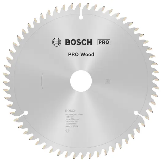 Диск циркулярен за рязане Bosch на дърво напречно надлъжно с HM пластини  216 мм, 30 мм, 1.8 мм, 60 z, PRO Wood