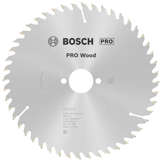 Диск циркулярен за рязане Bosch на дърво напречно надлъжно с HM пластини  190 мм, 30 мм, 1.6 мм, 48 z, PRO Wood