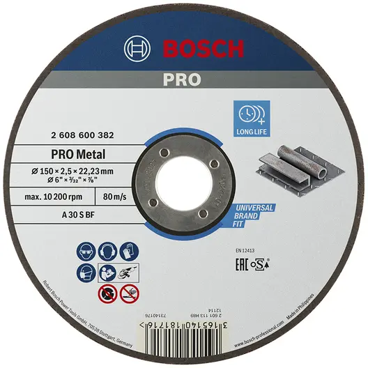 Диск карбофлексен за рязане Bosch на метал  150 мм, 2.5 мм, 22.23 мм, PRO Metal