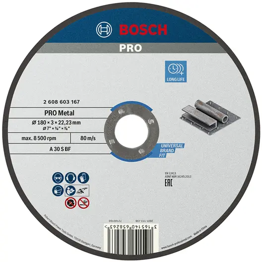 Диск карбофлексен за рязане Bosch на метал  180 мм, 3 мм, 22.23 мм, PRO Metal