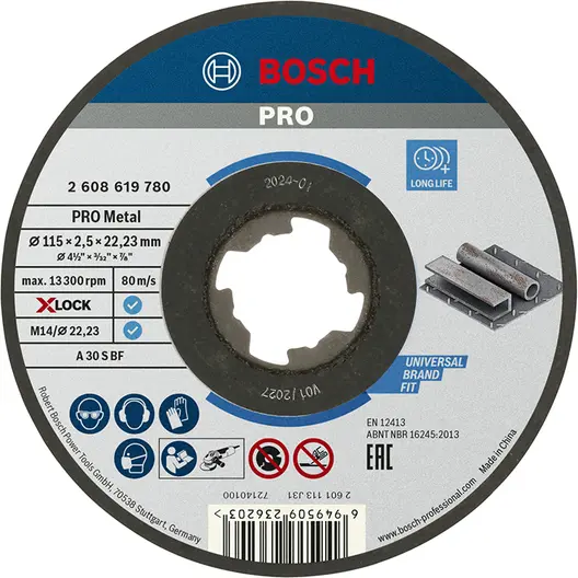 Диск карбофлексен за рязане Bosch на метал  115 мм, 2.5 мм, 22.23 мм, PRO Metal X-Lock
