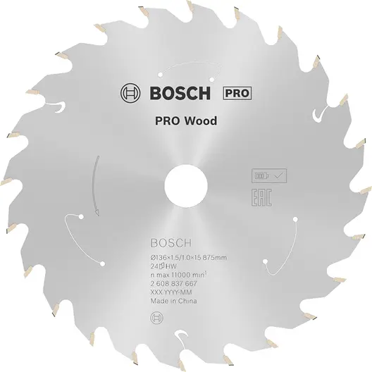 Диск карбиден за рязане Bosch на дърво  136 мм, 15.88 мм, 1 мм, 24 z, PRO Wood cordless