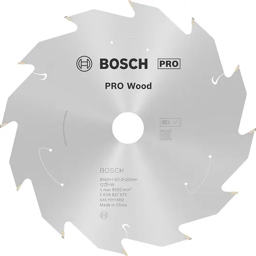 Диск карбиден за рязане Bosch на дърво  160 мм, 20 мм, 1 мм, 12 z, PRO Wood cordless