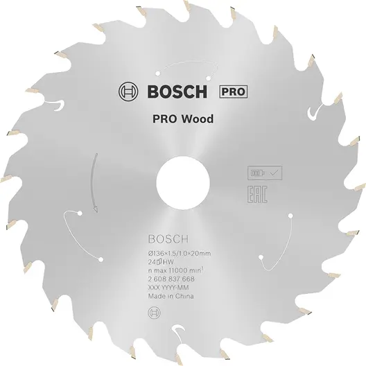 Диск карбиден за рязане Bosch на дърво  136 мм, 20 мм, 1 мм, 24 z, PRO Wood cordless