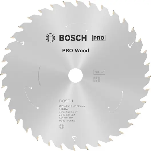 Диск карбиден за рязане Bosch на дърво  165 мм, 15.88 мм, 1 мм, 36 z, PRO Wood cordless
