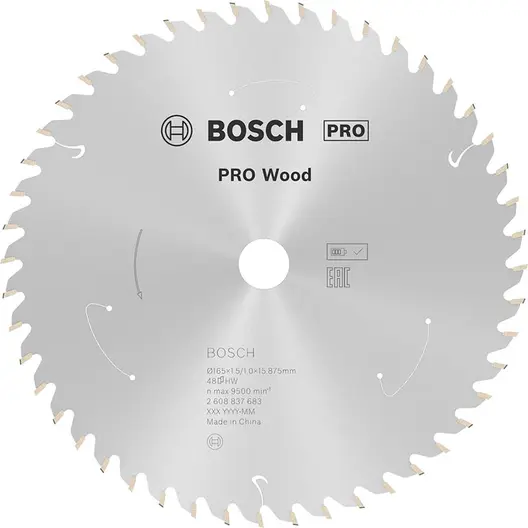 Диск карбиден за рязане Bosch на дърво  165 мм, 15.88 мм, 1 мм, 48 z, PRO Wood cordless