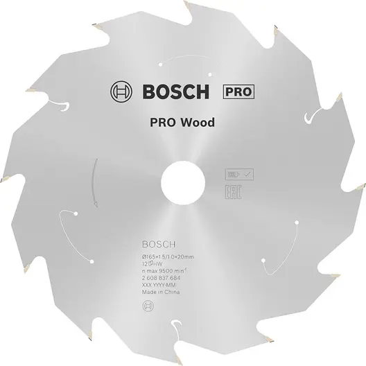 Диск карбиден за рязане Bosch на дърво  165 мм, 20 мм, 1 мм, 12 z, PRO Wood cordless