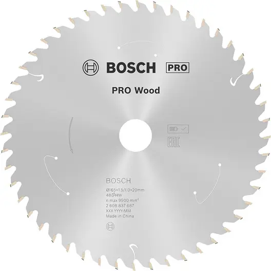 Диск карбиден за рязане Bosch на дърво  165 мм, 20 мм, 1 мм, 48 z, PRO Wood cordless
